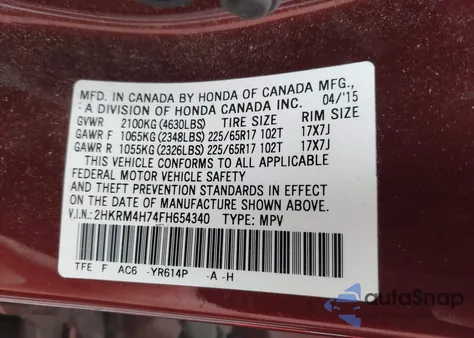 2015 Honda Cr-V Ex-L from USA, damaged, VIN 2HKRM4H74FH654340